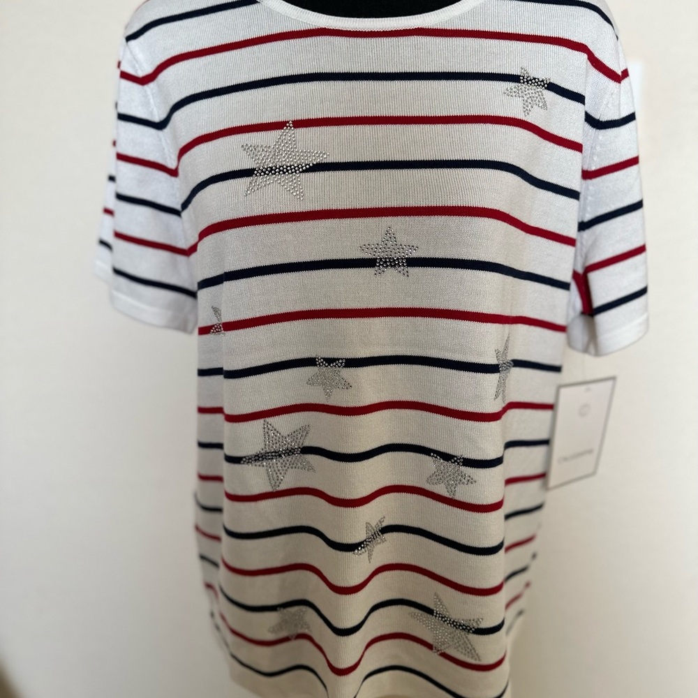 WOMEN CALLIGRAPHIE STRIPED SHORT SLEEVE SCOOP NECK‎ STARS TEE. XL NEW WITH TAG